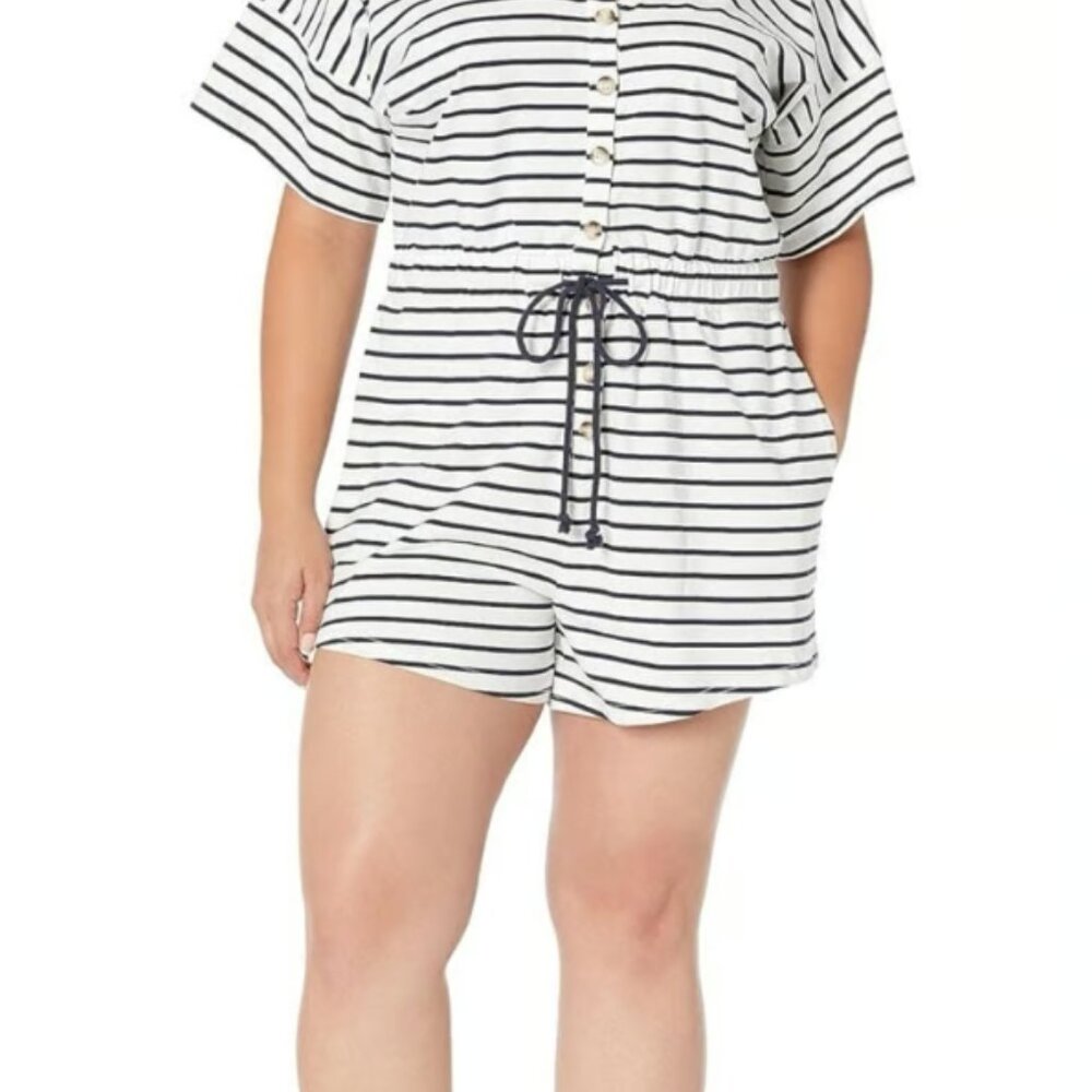CCX Playsuit‎ Love Stripe Romper Ivory Black Striped Button Front XL NWT